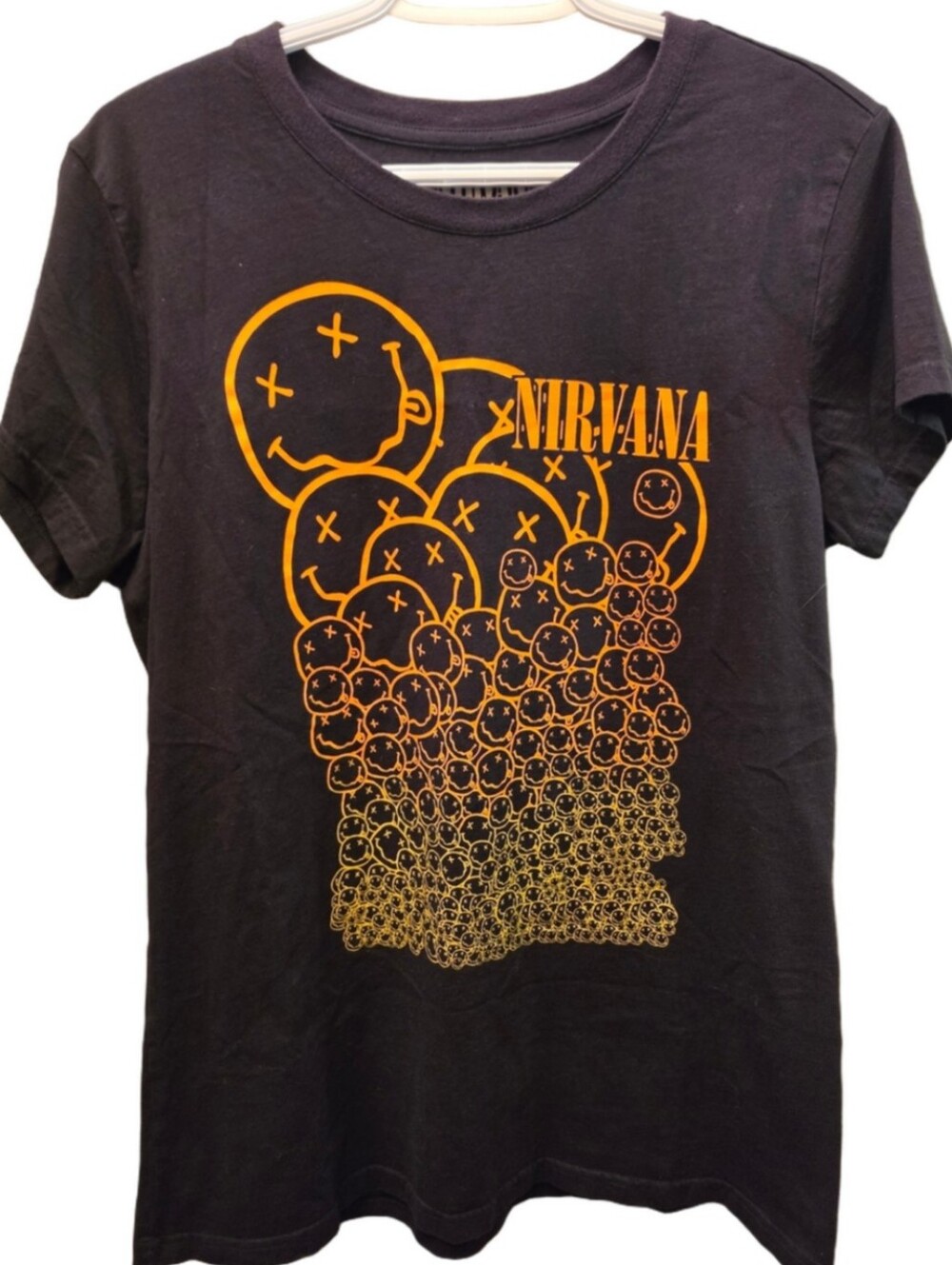 Nirvana Smiley Face Graphic T-Shirt Black Orange Grunge Band Tee